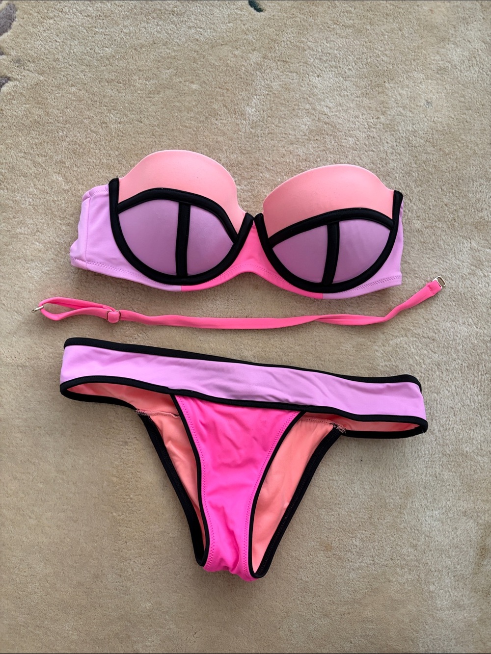 Victoria's Secret Coral and Neon Pink Bikini Set with Black Trim